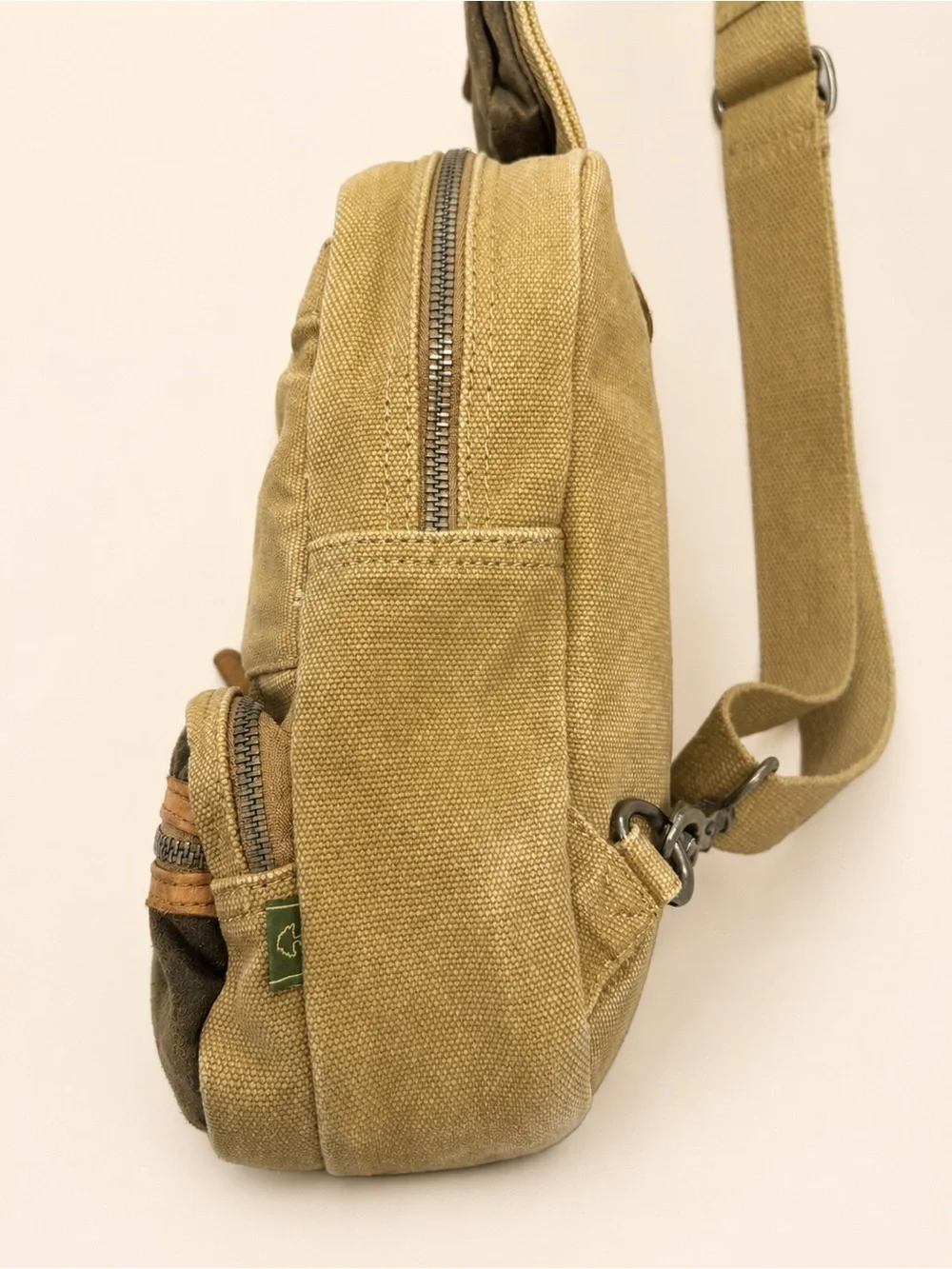 TSD Brand Tapa Canvas Sling Bag Khaki Brown Leather Crossbody
